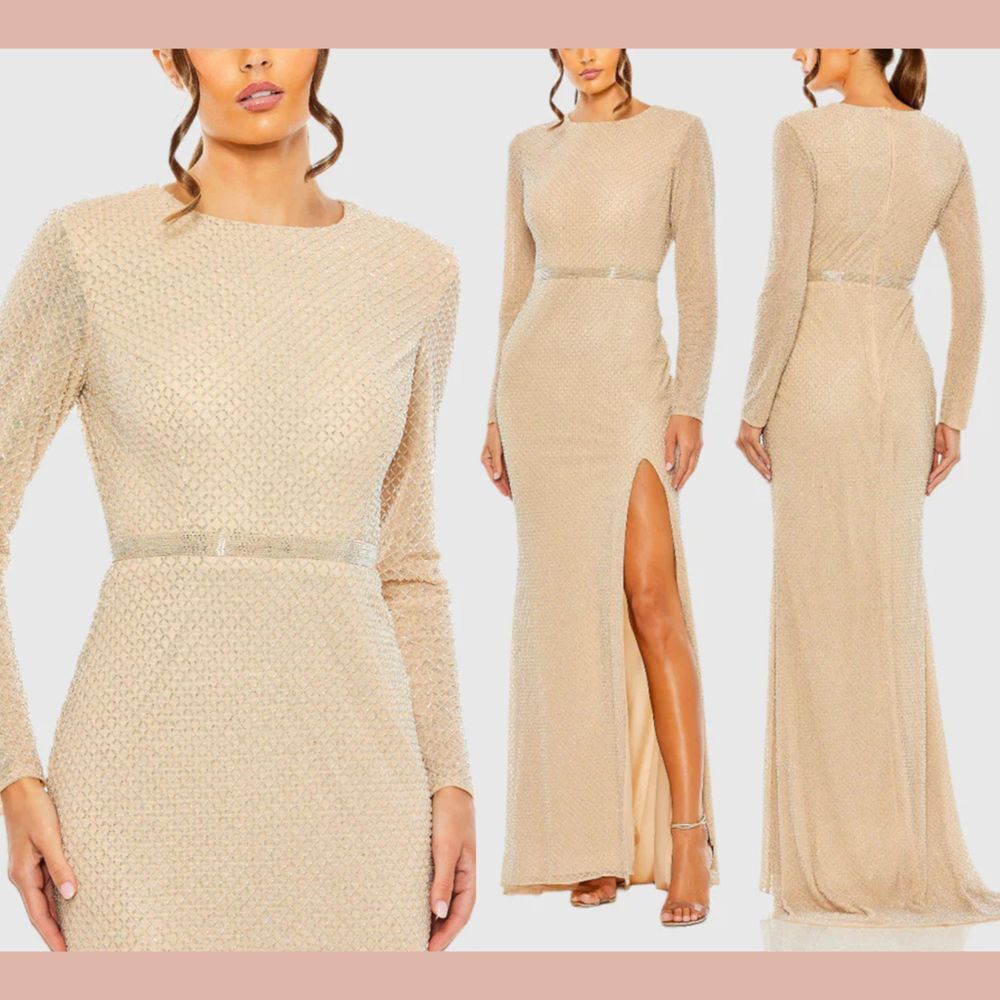 NWT‎ Mac Duggal [ 10 ] 6089 Beaded High Neck Long Sleeve Gown Nude Silver Nude